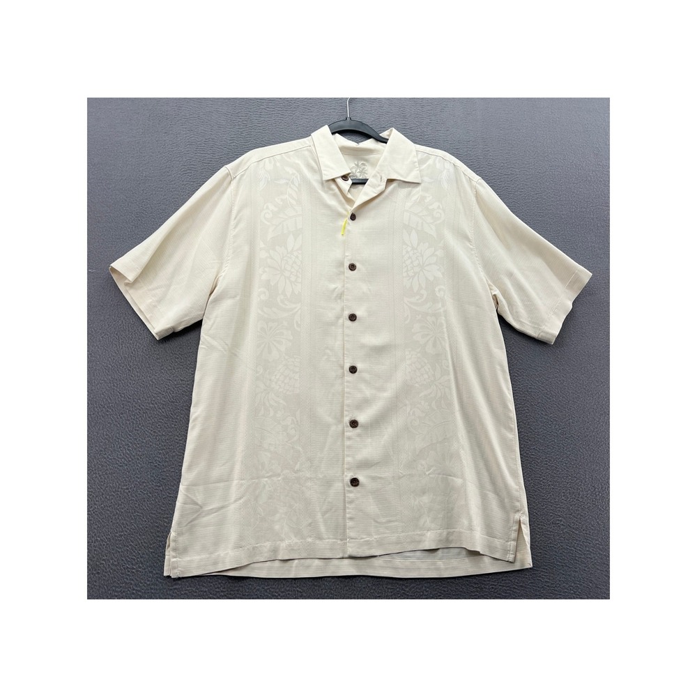 Tommy Bahama Silk Shirt Mens Medium Silk Camp Cream Jacquard Floral Pineapple